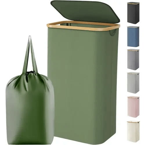 Lifewit 100L Laundry Basket with Lid, Clothes Hampers for Laundry with Bamboo Handles and 1 Removable Bag, Large Foldable Laundry Hamper for Bedroom, Bathroom, Dorm, Laundry Room, Green