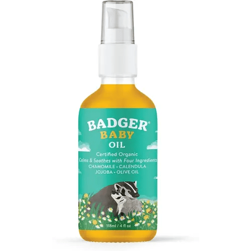 Badger Baby Oil, 100% Organic Ingredients to Soften & Moisturize Dry Skin or Cradle Cap, Soothing Vegan Organic Baby Oil, 4 fl oz Glass Bottle