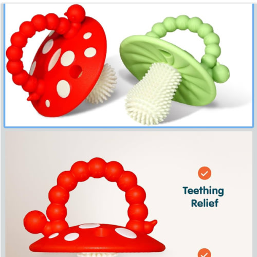 RaZbaby Chompy Teether – Soft Silicone Teething Toy for Infants & Babies 3M+, Massaging Bristles for Teething Relief, Hands-Free & Easy to Hold, Sensory Development, BPA-Free - Great Gift - Red/Green