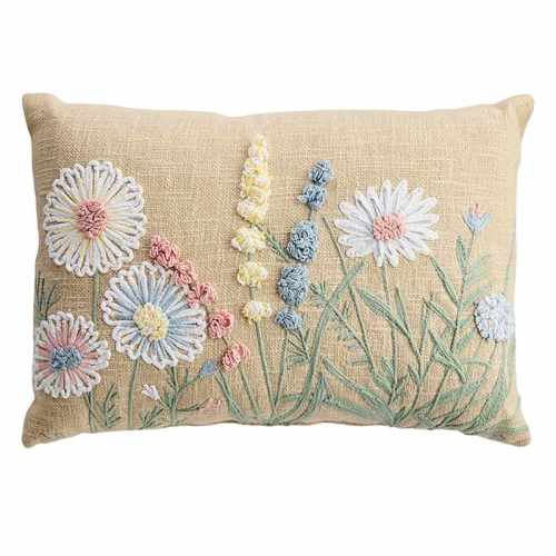 Easter Floral Embroidered Slub-Textured Throw Pillow, 14x20