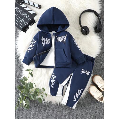 SHEIN 2pcs Baby Boys Hoodie Long Sleeve Letter Embroidered Sweatshirt Jacket & Letter Embroidered Pants Set, Soft & Comfortable, Casual Style Suitable For Autumn/Winter Outings, Outdoor Play, Vacation, Daily Wear, Travel Dark Blue Baby Boy Outfit Baby Boy
