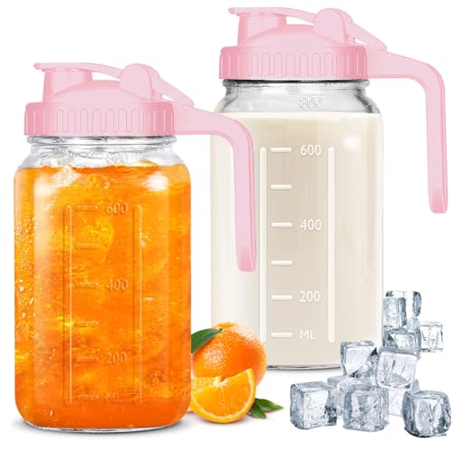 UYEIKMLOP Mason Jar Pitcher, 32 OZ Breast Milk Pitcher Double Leak Proof with Pour Spout Handle, Wide Mouth Iced Tea Pitcher for Fridge, Creamer Container for Coffee, Sun Tea juice (Pink,2 Pack)
