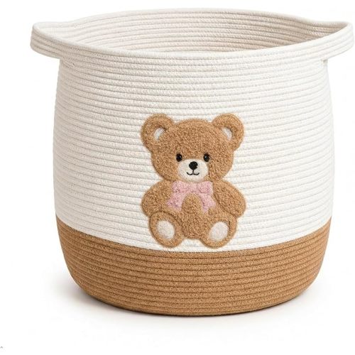 Teddy Bear Nursery Storage Basket, Large 15.7" x 17" Cotton Rope Baby Laundry Hamper with Handles, Toy Organizer Bin for Blankets, Stuffed Animals & Baby Essentials