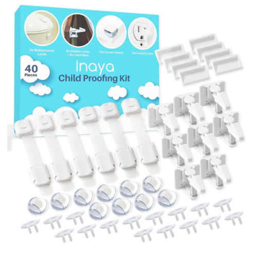 Inaya Complete Baby Proofing Kit - Child Safety Hidden Locks for Cabinets & Drawers, Adjustable Safety Latches, Corner Guards and Outlet Covers - Baby Proof Pack to Keep Your Child Safe at Home