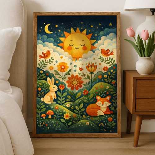 Woodland Animals Nursery Print | Folk Art Kids Room Decor