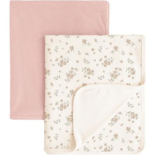 Konssy Knit Baby Blanket 2 Pack, Soft Ribbed Swaddle Receiving Blankets for Boys & Girls, Lightweight Cozy Swaddling Wrap for Newborns, Infants, & Toddlers, 33x42 Inch (Blossom,Pink)
