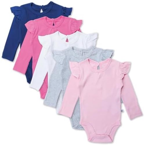 HonestBaby baby-girls 5-pack Long Sleeve Ruffle Shoulder Bodysuits 100% Organic Cotton for Infant Baby Girls