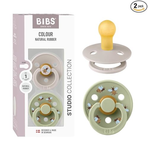 BIBS Studio Soother 2-Pack, BPA Free Dummy Pacifier, Round Nipple. Natural Rubber Latex, Made in Denmark, Size 1 (0-6 Months), Mushroom/Sage