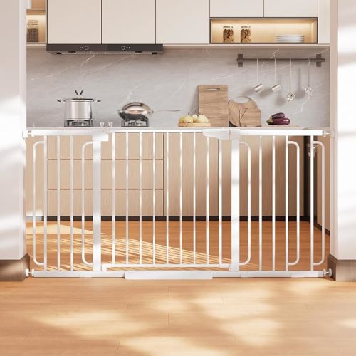 Cumbor 36.6-64" Extra Wide Baby Gate for Stairs, Dog Gates for Doorways, Auto-Close Pet Gate Indoor, Pressure Mounted Walk Through Safety Child Gate for Kids Toddler, Tall Pet Puppy Fence Gate, White