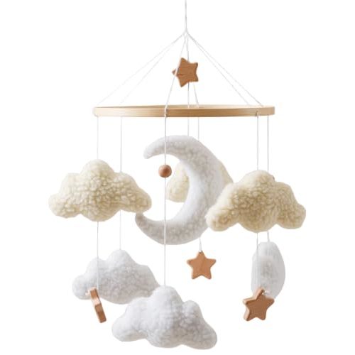 Sherpa Moon Baby Crib Mobile, Handmade Boho Nursery Decor | Fluffy Sherpa Moon with Felt Clouds and Stars, Boho Gender Neutral Crib Decor, Handcrafted by Single Mothers