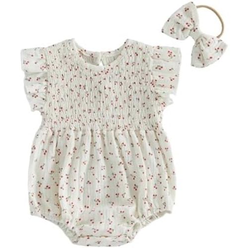 Newborn Infant Baby Girl Bubble Cotton Romper Fly Sleeve Print Bodysuit One Piece Jumpsuit Headband Summer Outfits