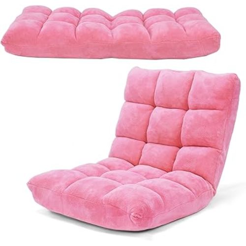 COSTWAY Floor Chair, Video Gaming Chairs with Back Support, Adjustable 14-Position, Alloy Steel Frame, Soft Coral Fleece, Lazy Sofa Lounge for Reading Living Room Recliner for Adults Kids, Pink