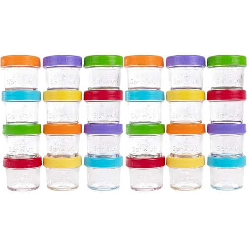 WeeSprout Baby Food Storage Glass Jars w/ Lids (4 oz, 24 Pack) Bright Variety, Snack, Reusable Small Containers, Fridge or Freezer, Microwave & Dishwasher Safe, Essentials for Infants