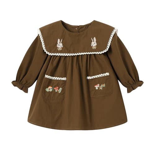 Girls Embroidery Dress Long Sleeve Ruffle Sailor Collar Cotton Dresses with Pockets 12M-5Y