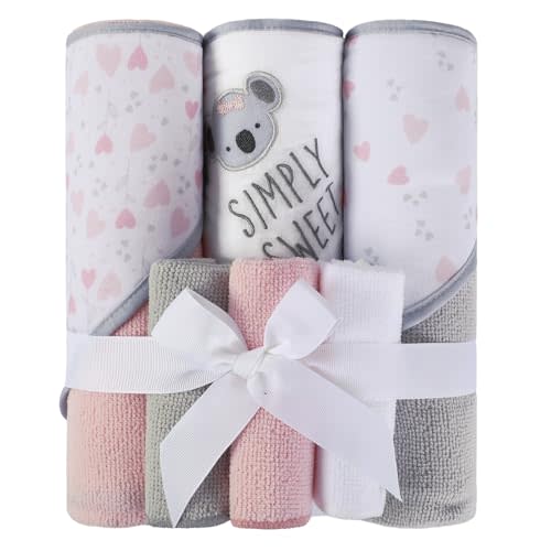 Softan Baby Hooded Towels and Washcloths Set 6 Pack, 28x28 Ultra Soft & Absorbent Baby Bath Towels for Newborn Infant Toddler, Unisex Boys Girls (Pink Heart & Grey Koala)
