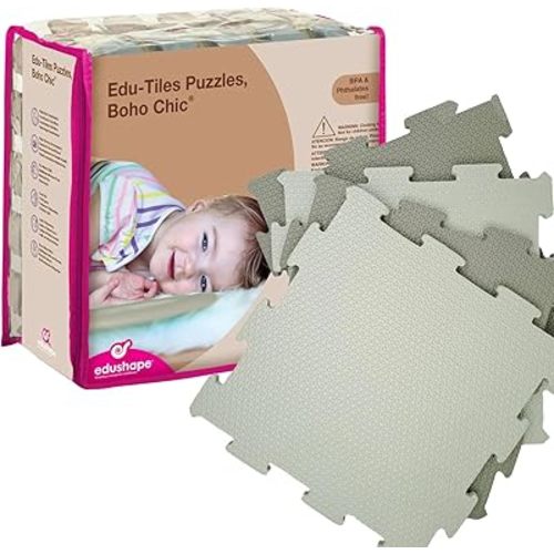 Edushape Edu-Tiles Foam Play Mat - Boho Chic for Baby - Interlocking Floor Mats with Solid Colors, Edges and Corners - Thick, Textured, Soft Foam Floor Mats for Kids, Babies and Toddlers