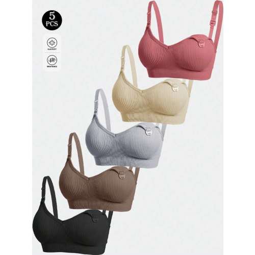 5pcs/Set Maternity & Nursing Bras, Front Clasp Breastfeeding Bras, Wireless Removable Pads Double Hook Design, Seamless Nylon Fabric Comfortable Soft Full Coverage Anti-Sagging Bras, Suitable For Sleeping, Pregnancy, Postpartum, All Seasons, & Christmas |