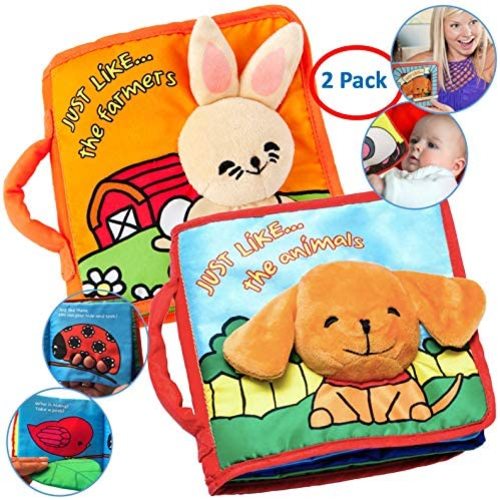 Premium Soft Baby Book First Year, Cloth Book Bunny with Crinkly Sounds, Fun Interactive Toy, Fabric Book for Babies & Infant 1 Year Old (Boy, Girl), Cute, Touch and Feel Activity (2 Pack)