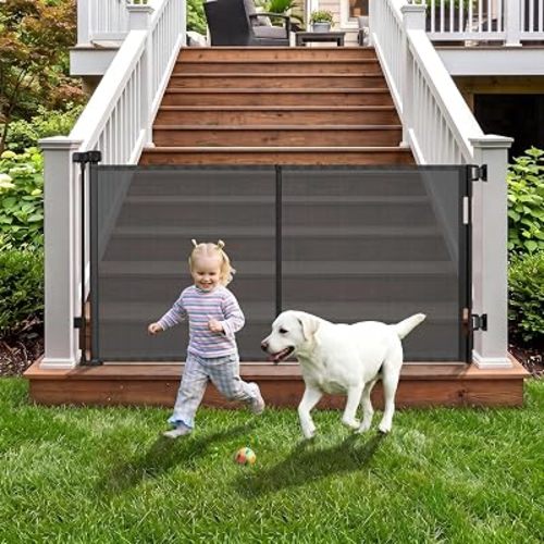 Weatherproof Outdoor Retractable Gate for Babies&Pets with Rust-Proof Stainless Steel Hardware&Waterproof Mesh, 60" Wide Reinforced Retractable Dog Gate to Prevent Crawling Through, Outdoor Pet Gate