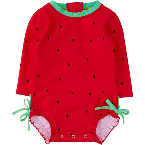 RuffleButts Baby Girls UPF 50+ Sun Protection Floral Printed Long Sleeve One Piece Rash Guard Swimsuit with Zipper