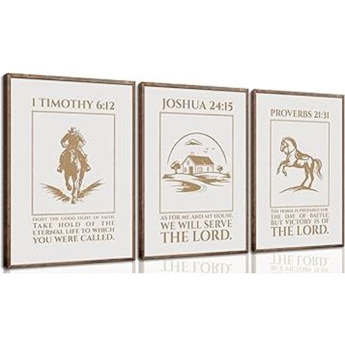 XXOUYLQ 3pcs Western Christian Wall Art Inspirational Scriptures Painting Cowboy Christian Posters Motivational Faith Prints War Horse Bible Pictures Golden Sand Canvas Jesus Wall Decor unframe
