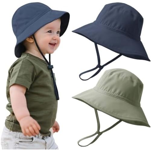Konssy Baby Sun Hat 2 Pack, UPF 50+ Infant Bucket Hat, Summer Beach Hats with Wide Brim Adjustable Chin Strap, Soft-Lined