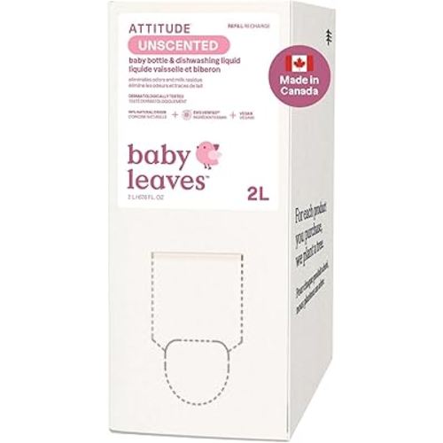 ATTITUDE Baby Dish Soap and Bottle Cleaner, Made in Canada, EWG Verified Dishwashing Liquid, No Added Dyes or Fragrances, Tough on Milk Residue and Grease, Vegan, Unscented, Bulk Refill, 2 Liters