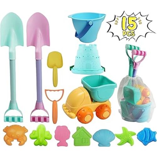 IOKUKI Long Shovels Sand Toys Set with Mesh Bag Including Dump Truck, Beach Buckets, Shovels, Rakes, Molds, Outdoor Beach Toy Tool Kit for Kids, Toddlers, Boys 1and Girls (15 PCS) Age 3+