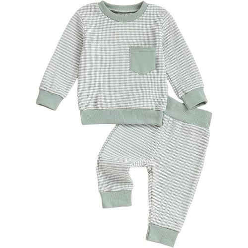 ZAXARRA Baby Boy Fall Clothes Long Sleeve Toddler Boy Waffle Sweatshirt Pullover Tops Pants Infant Fall Winter Outfits