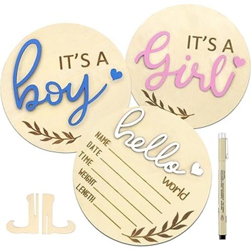 Baby Announcement Sign, Gender Reveal Sign for Baby Birth, 3PCS Its a Boy/Girl and Hello World Newborn Welcome Board Wooden Name Announcement Plaque for Hospital Shower Party Photo Props