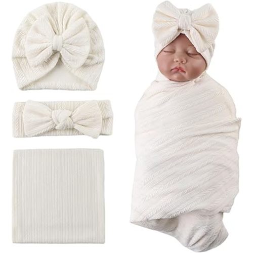 OMUKY Newborn Receiving Blanket Bow Headband and Beanie Set Baby Swaddle Receiving Blankets Baby Boy Girls Nursery Swaddle Wrap(Beige)