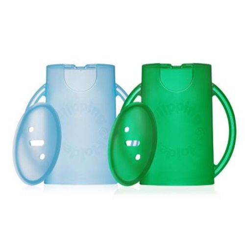 Flipping Holder Food Pouch Holder No Squeeze, flips over to hold drink boxes and juice pouches, easy grip handles and lid (Blue + Green 2-Pack)