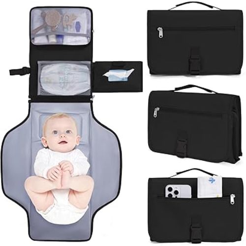 CEICEI Portable Diaper Changing Pad Waterproof Travel Baby Changing Mat with Large Wet/Dry Pocket & Elastic Wipes Pockets, Foldable Compact for On-The-Go Diaper Changer (Black)