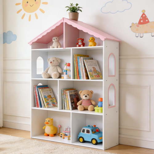 Cacagoo 47.2in House-Shaped Kids Bookshelf with with Pink Wavy Roof, Wooden Kids Bookcase 4 Tier Organizer Toys and Books Storage Cabinet for Bedroom