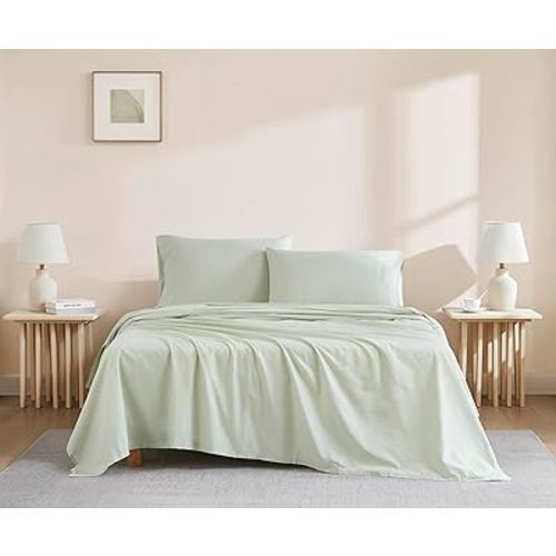 Linen Closet 100% Organic Cotton Twin Sheet 3 Pcs Set, Cotton Sheets with 16” Deep Pocket, Light Green | Bed Sheets for College Dorm Essential, Crisp & Breathable, Percale, Comfy, Naturally Cooling
