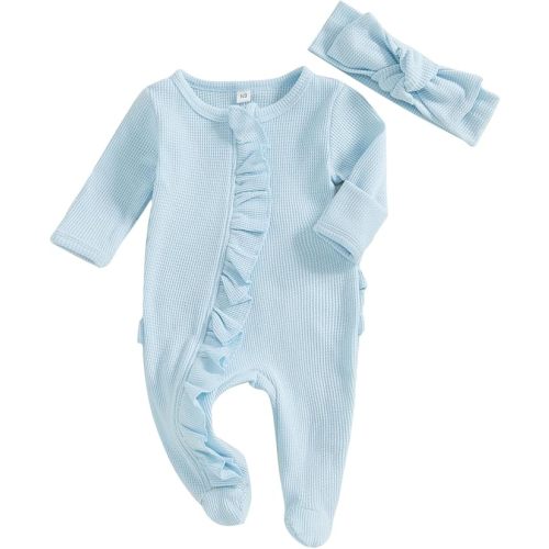 Newborn Baby Romper Infant Girl One-piece Outfit Waffle Ruffle Zip Footie Spring Summer Clothes With Bow Headband