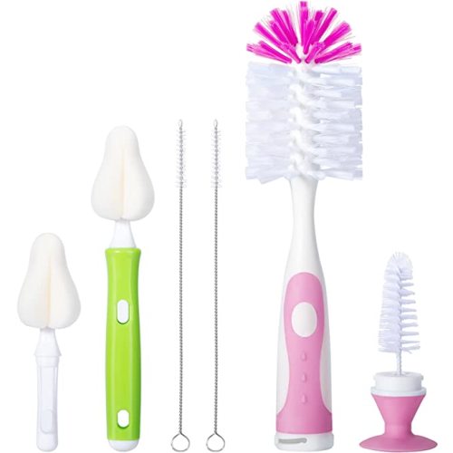 Baby Bottle Brush with One Base Hidden Nylon Nipple Cleaner, 2 Pcs Sponge Nipple Brushes, 2 Pcs Straw Brushes, Bottle Brush with Nipple Cleaner and Suction Cup (Gray)
