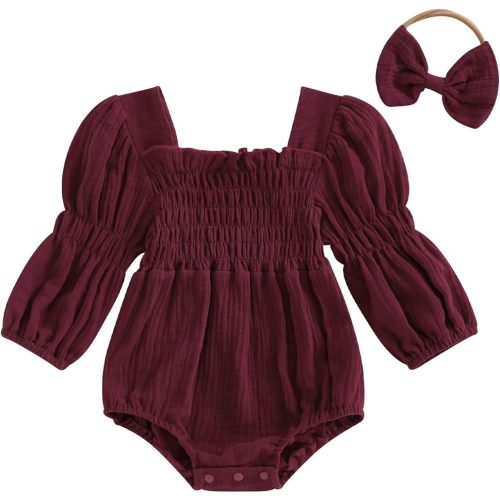Kavousa Smocked Baby Girl Clothes Newborn Girl Bubble Romper Long Sleeve Jumpsuit And Headband Outfit Cute Infant Clothing