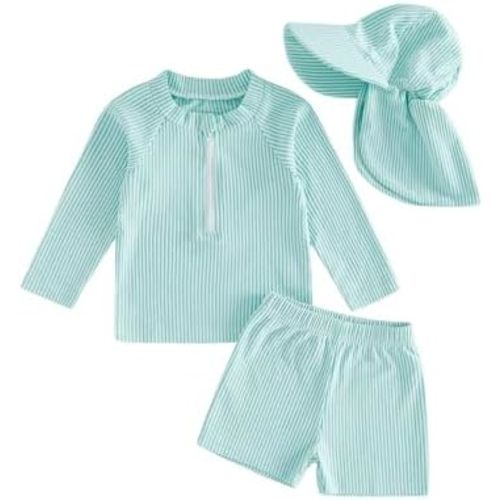 Toddler Baby Boys Seersucker Long Sleeve Swimsuit Trunks Bathing Suit Swimwear with Hat 3Pcs Rash Guard Set