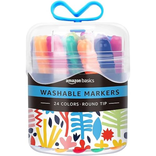 Amazon Basics Washable Markers for Kids, Round Tip Assorted, Pack 24