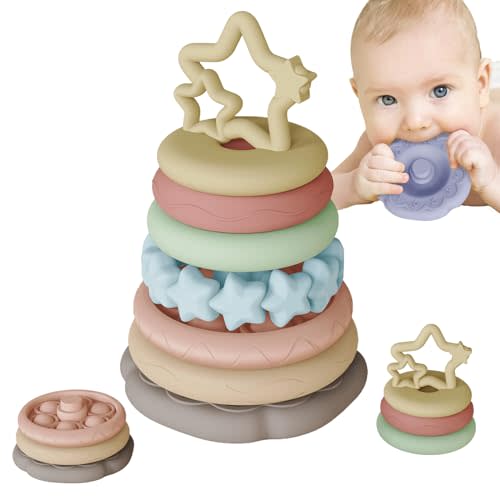 Sensory Baby Teething Toys, Stacking Rings Toys for 1 2 One Year Old, 7 Piece Teether Set Baby Girl Boys Shower Gifts, Newborn Essentials for 6-12-18 Months, Infant Developmental Montessori Toys