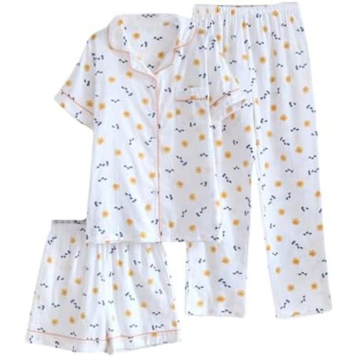 Womens 3pcs Cotton Gauze Pajama Set Short Sleeve Sleepwear Floral Print Cute Pj Set with Long Pants