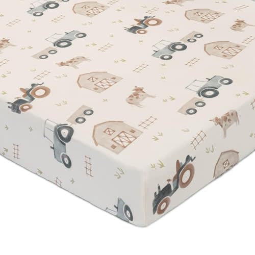 Crane Baby Charlie Farmhouse Tractor Crib Fitted Sheet, 100% Cotton Baby Bed Sheets, Farm Nursery Decor, Crib Sheets for Boys, Baby Registry Gift, Tractor Nursery Decor