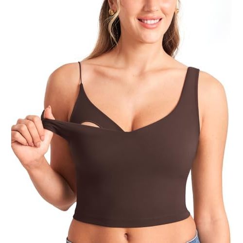 MOMANDA Women's Nursing Bras Longline Sports Breastfeeding V Neck Sleeveless Crop Tank Top with Built in Bra