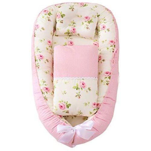 ABREEZE Baby Lounger Sleeper Baby Nest Co-Sleeping Newborn Lounger & Pillow & Comforter Cotton Rose Beige Portable Crib Bassinet Machine Washable Cushion for Newborn Essential Shower Gift
