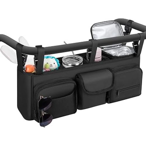 Double Stroller Organizer Compatible with Bob Duallie and Baby Jogger City Mini GT2, Double Baby Stroller Accessories with Cooler Bag, Parent Console Double Jogging Stroller Caddy with Cup Holder