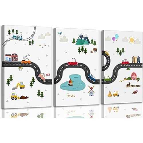 3Pcs Car Nursery Canvas Wall Art Boy Cartoon Truck Urban Transport Painting Picture Wall Decor Poster Print Artwork for Kids Room Baby Room Boys Bedroom Home Decoration