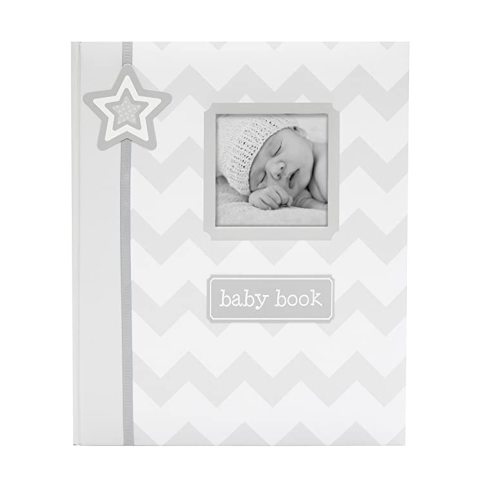 Lil' Peach First 5 Years Baby Memory Book, Gray Chevron Milestone Journal & Scrapbook, Newborn to Age 5 Keepsake Record Book with Fill-In Pages, Photo Insert Cover