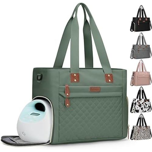 Pritent Diaper Bag Tote for Working Mom, Large Travel Diaper Tote for Mom and Dad with 14 Inch Laptop Sleeve, Mommy Maternity Travel Baby Bag for Boys and Girls, Green