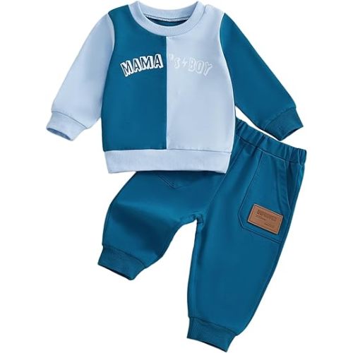 Kupretty Toddler Baby Boy Fall Winter Clothes Color Block Long Sleeve Sweatshirt Pullover Tops + Joggers Pants Outfit Set